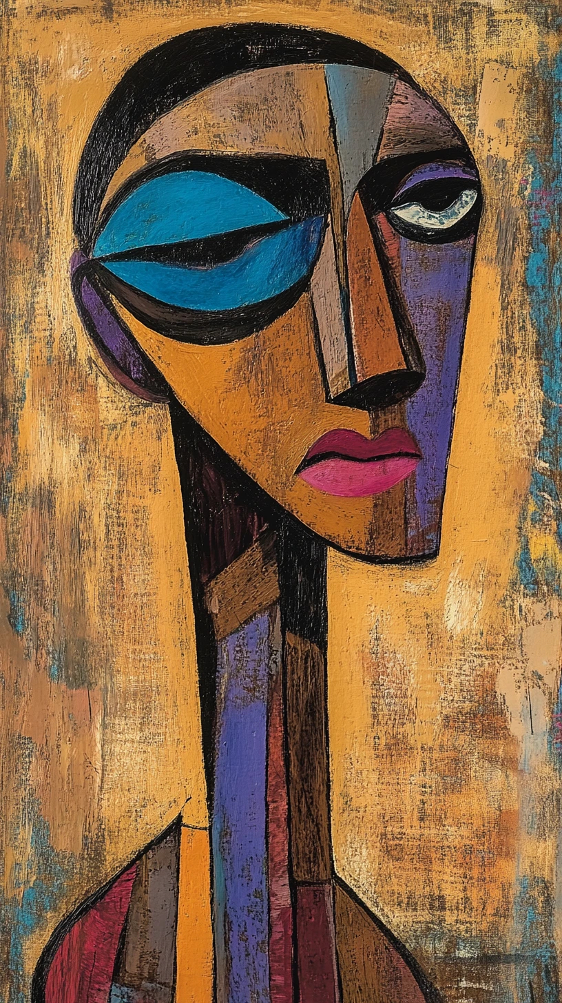 Abstract cubist style portrait with blue masked eyes