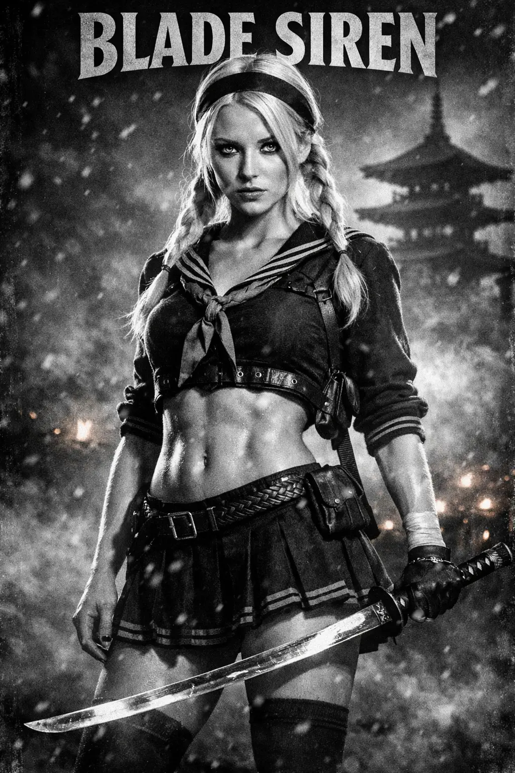 Guerrera rubia con katana en templo nevado de noche