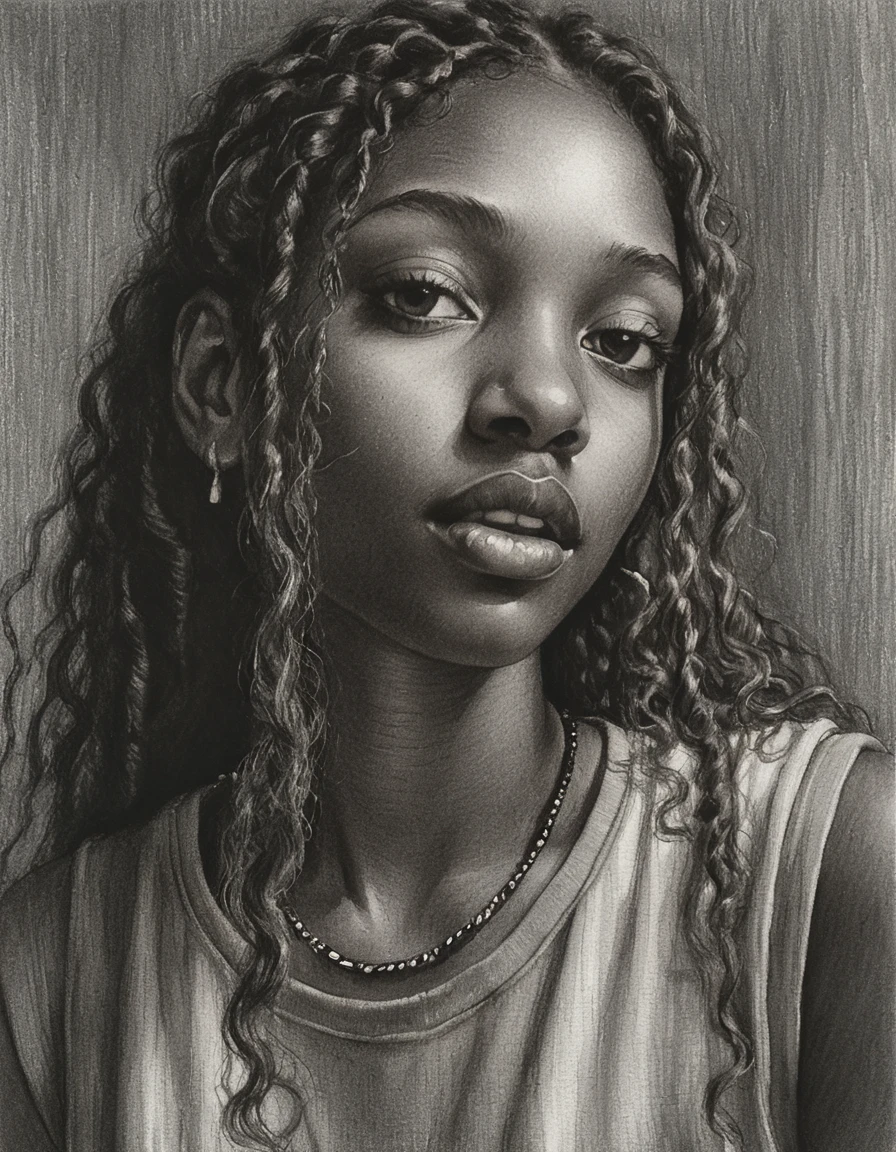 Graphite portrait of a young woman with long curly hair