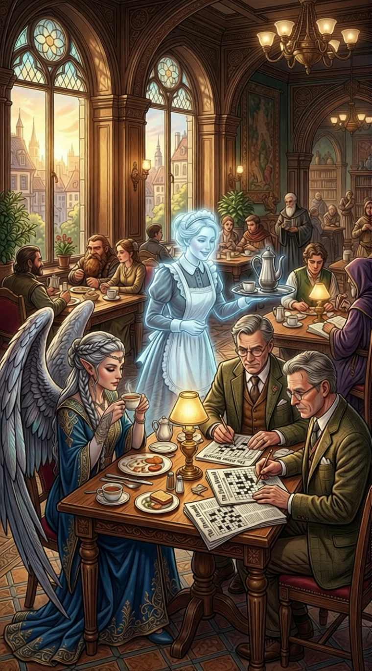 Fantasyfiguren in einem lebhaften Hotel-Frühstücksraum versammelt