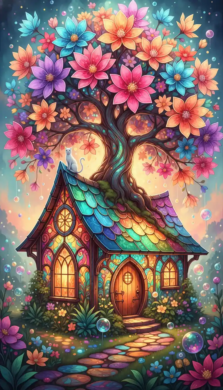 Märchenhütte aus Buntglas unter einem leuchtenden Baum