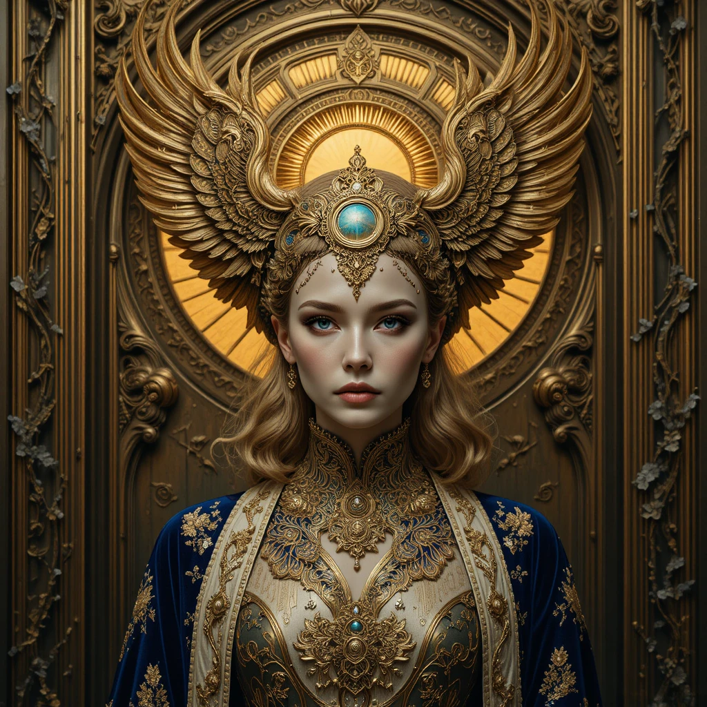Majestätische Fantasy-Königin mit goldenem Phönix-Kopfschmuck