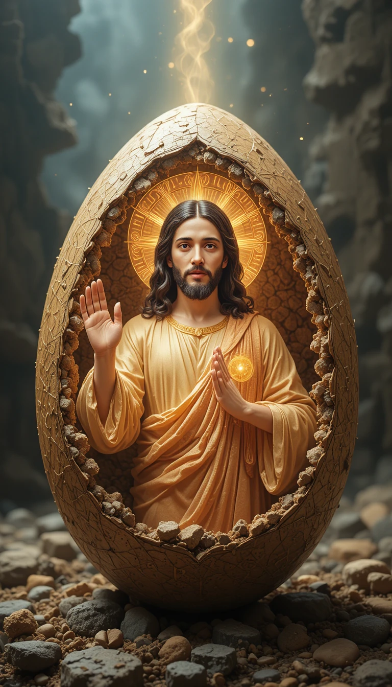 Ovo de Páscoa brilhante com imagem radiante de Jesus dentro