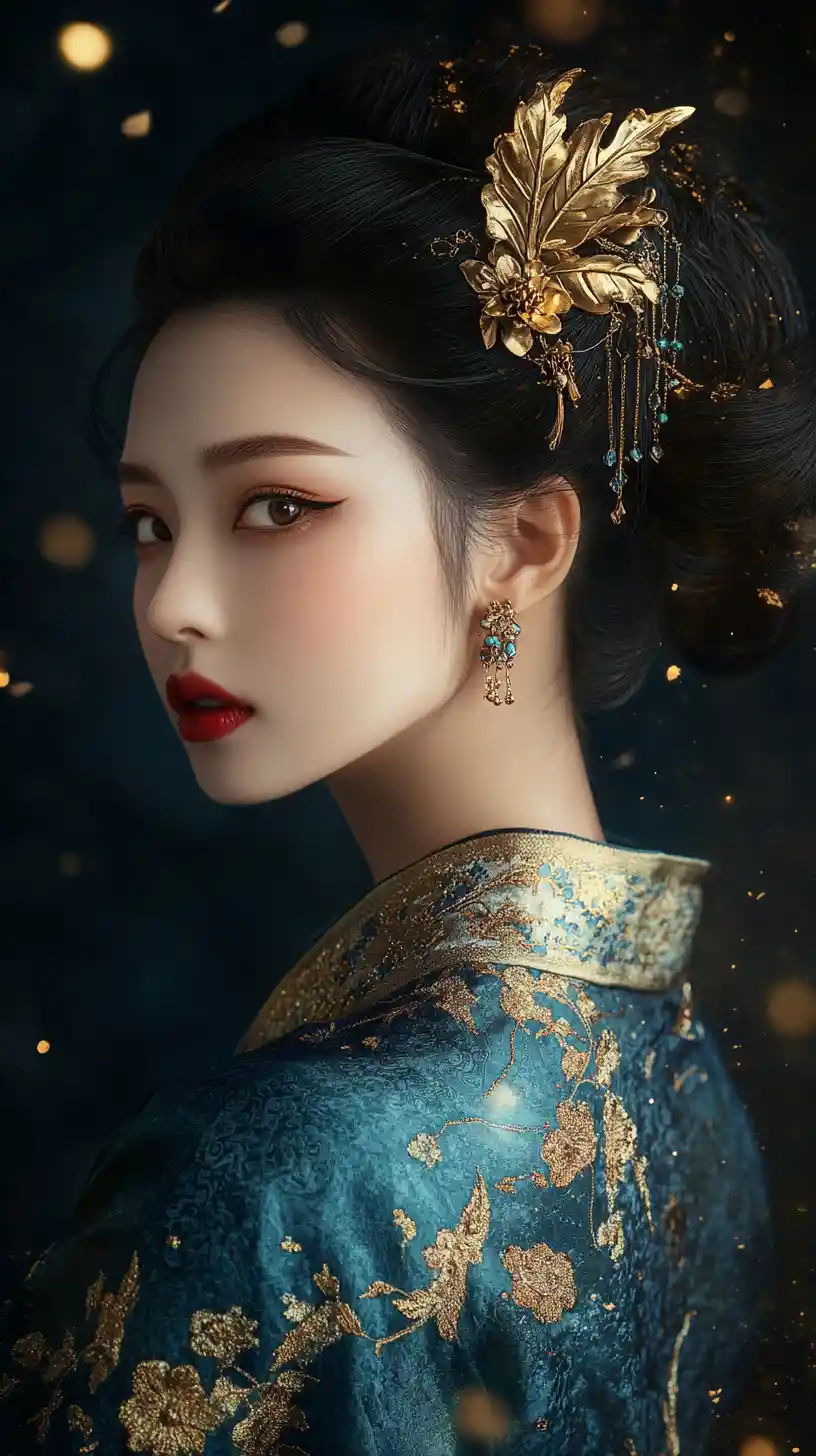 Elegante donna asiatica in hanfu blu-verde con bagliore dorato