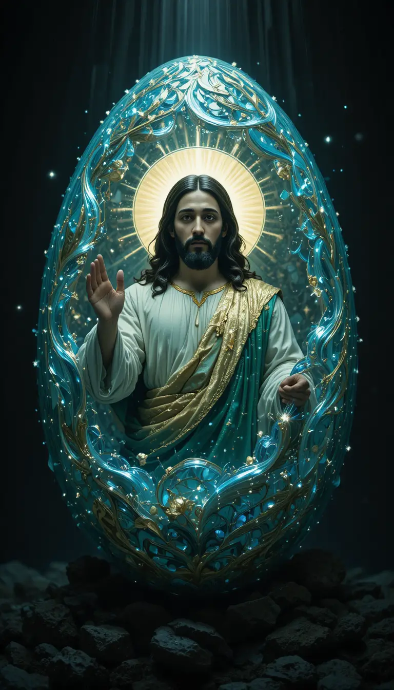 Gros plan sur un œuf de Pâques lumineux avec Jésus rayonnant