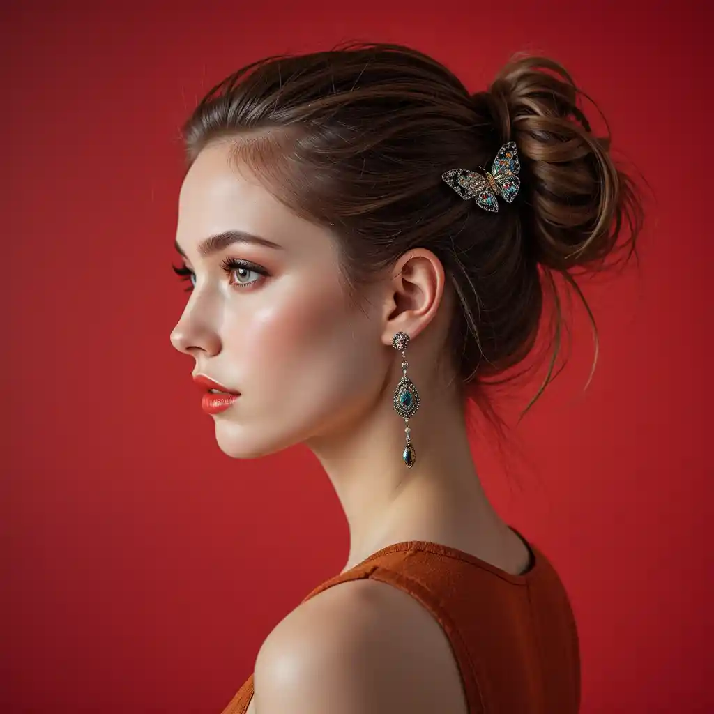 Portrait de profil d’une jeune femme sur fond rouge vif