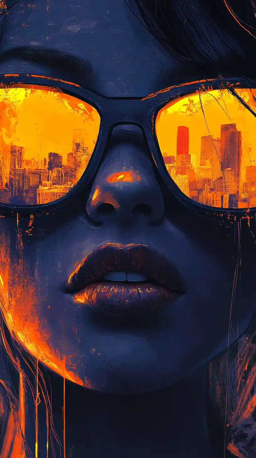 Woman in futuristic sunglasses with glowing city reflections