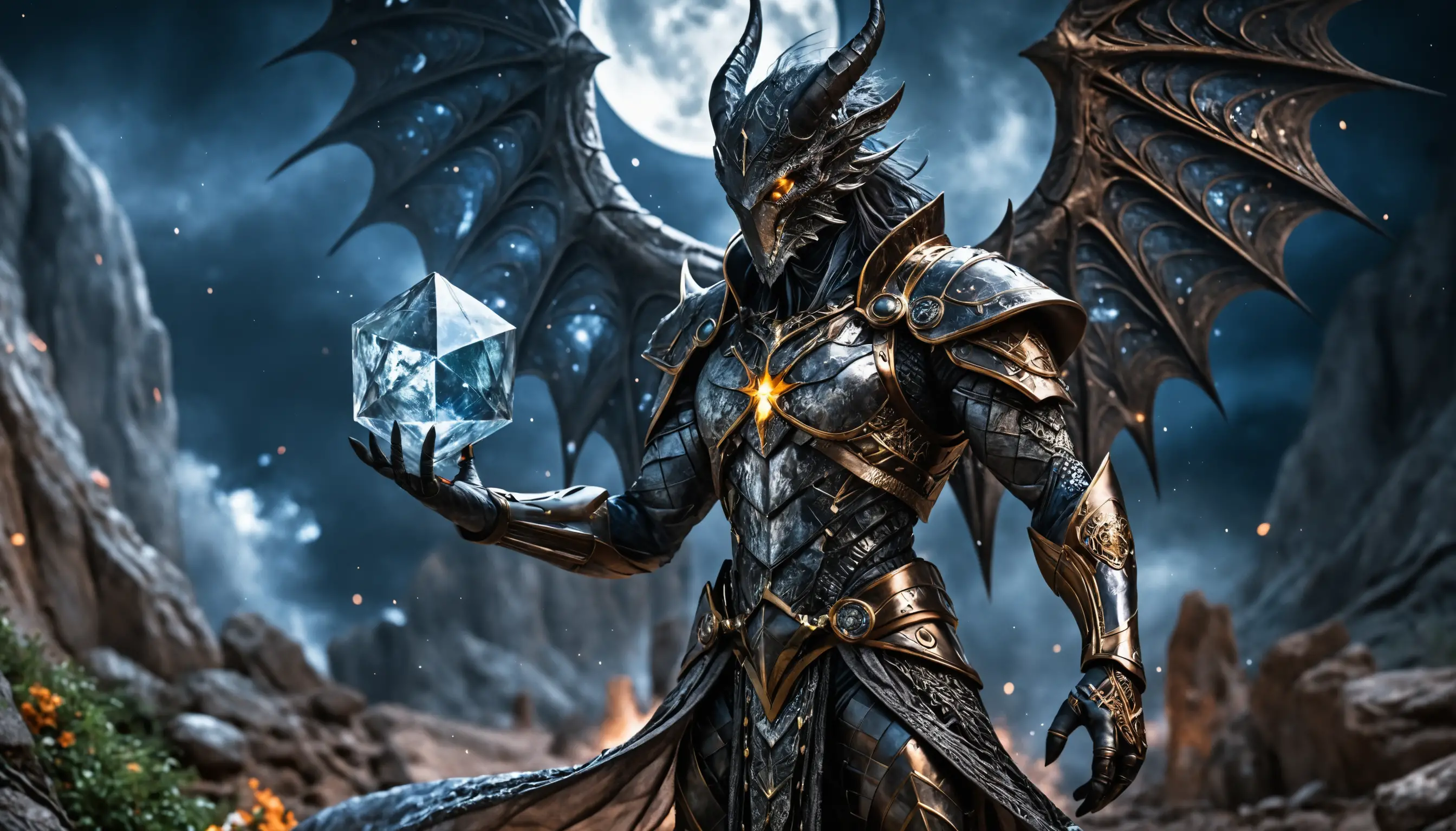 Himmlischer Warforged-Druide, der Mondlicht auf einer Zikkurat absorbiert