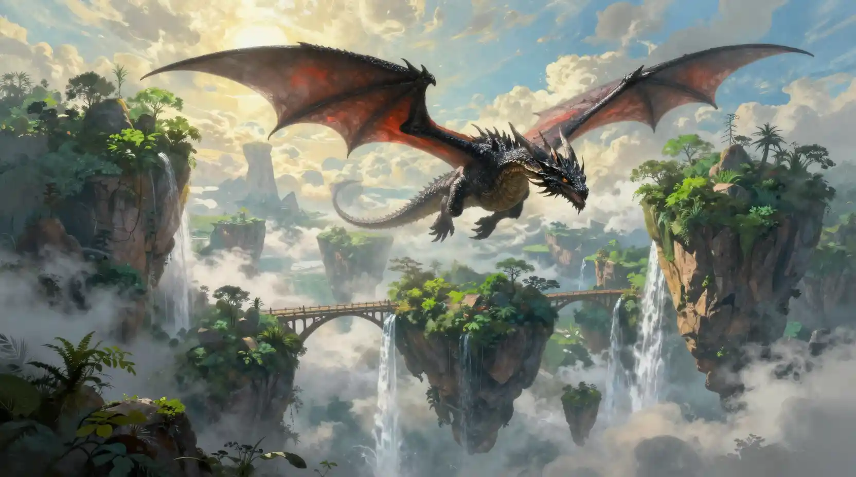Black dragon flying over lush floating islands