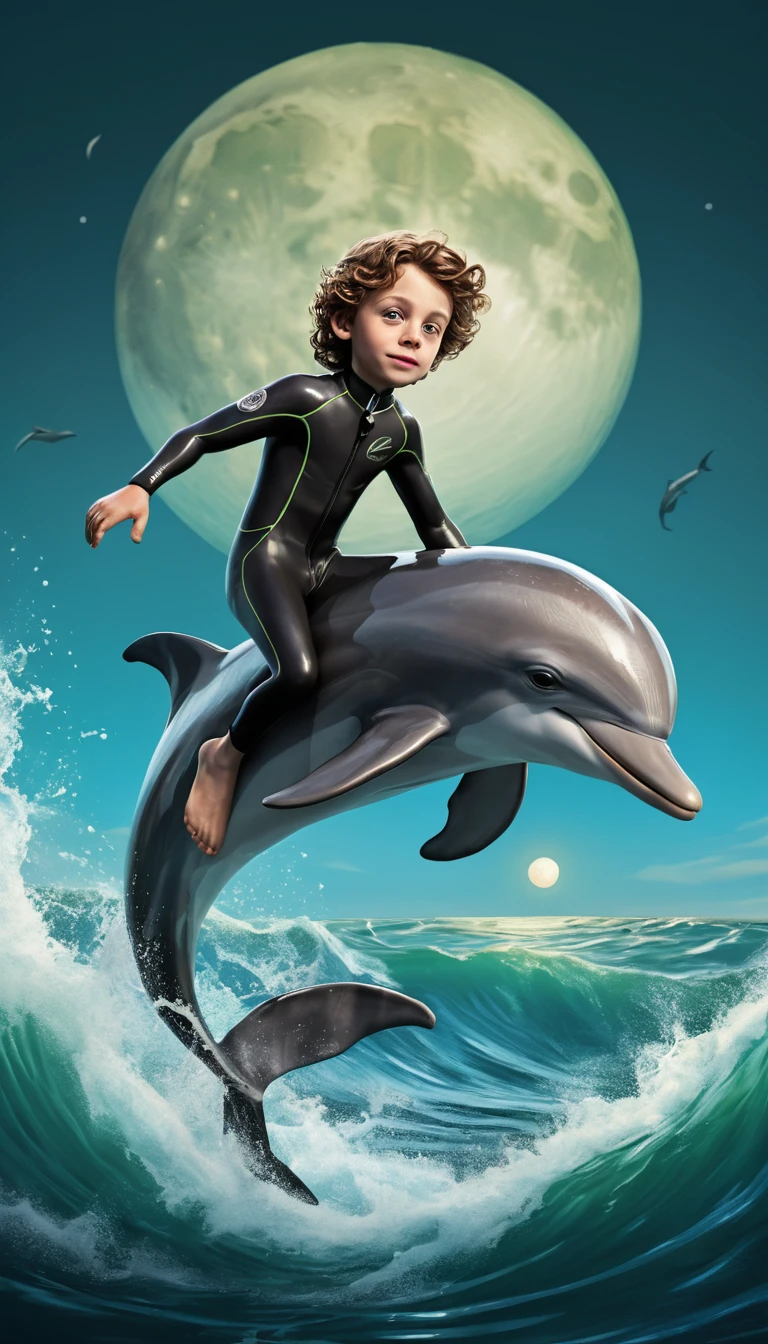 Young boy riding a dolphin under a giant blue moon