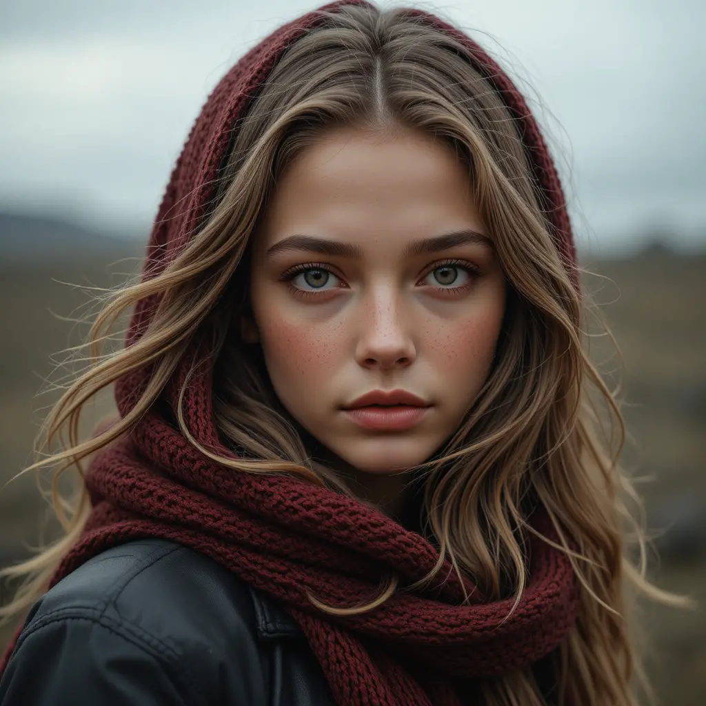 Giovane donna con sciarpa rossa e intenso sguardo color nocciola