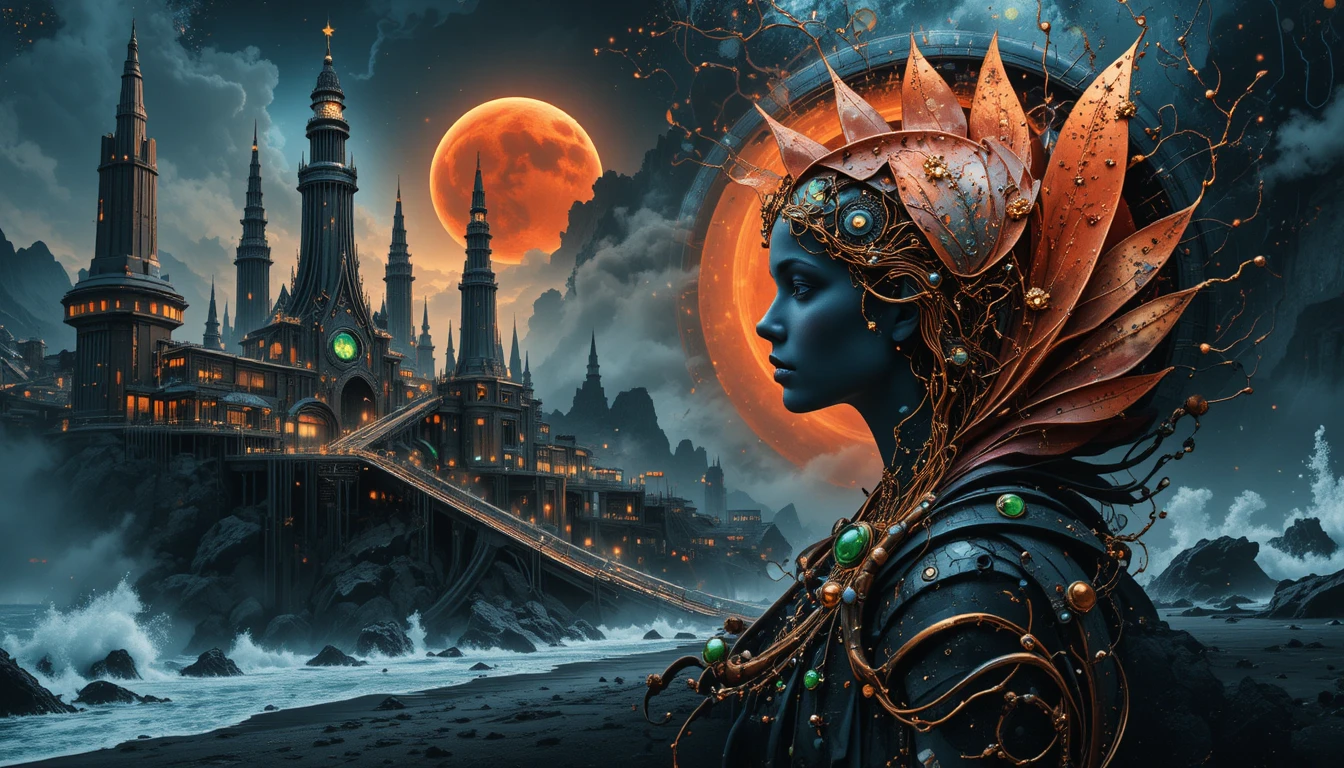 Giger inspired cyber city with towering spires and roadway