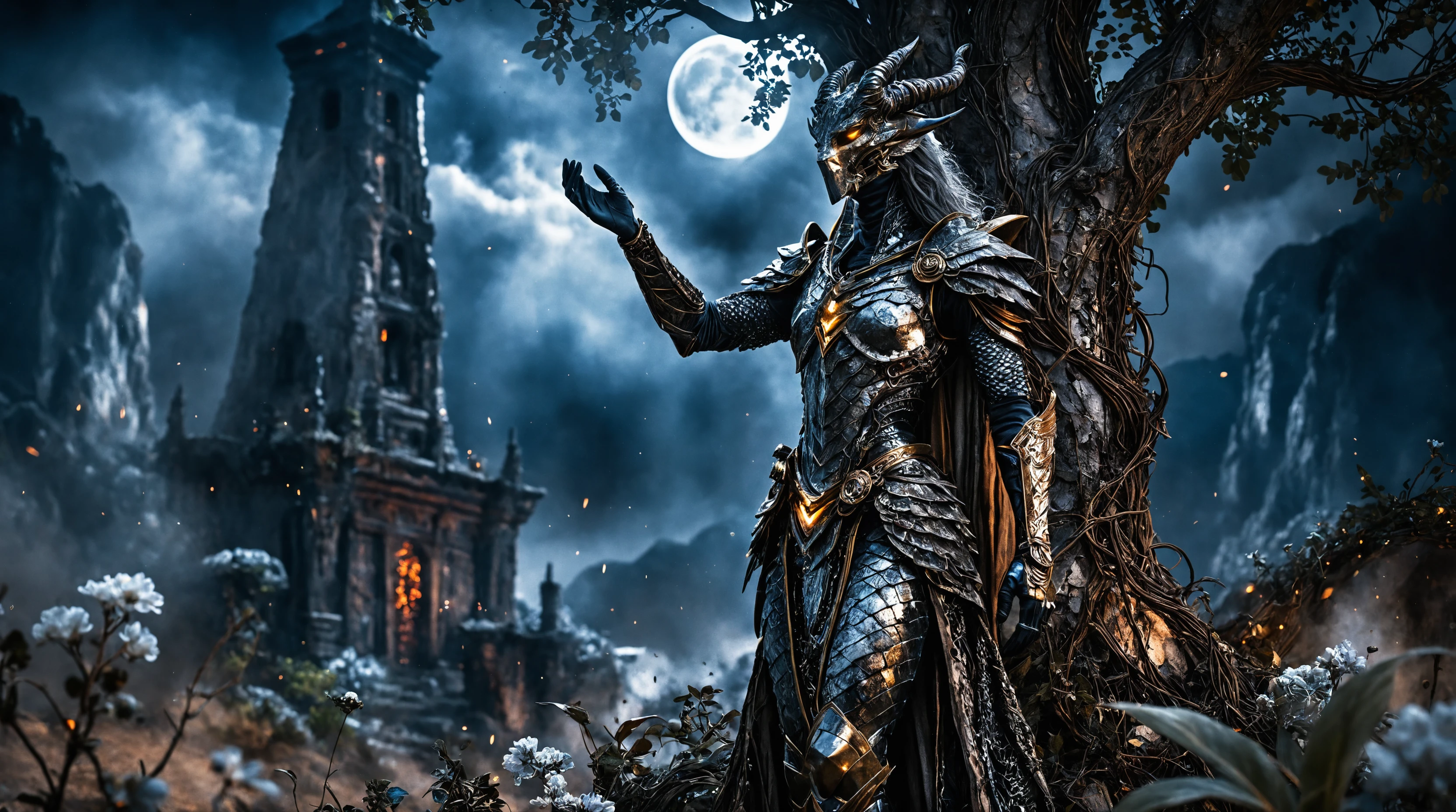 Druida warforged absorvendo o luar no topo de uma antiga pirâmide em zigurate