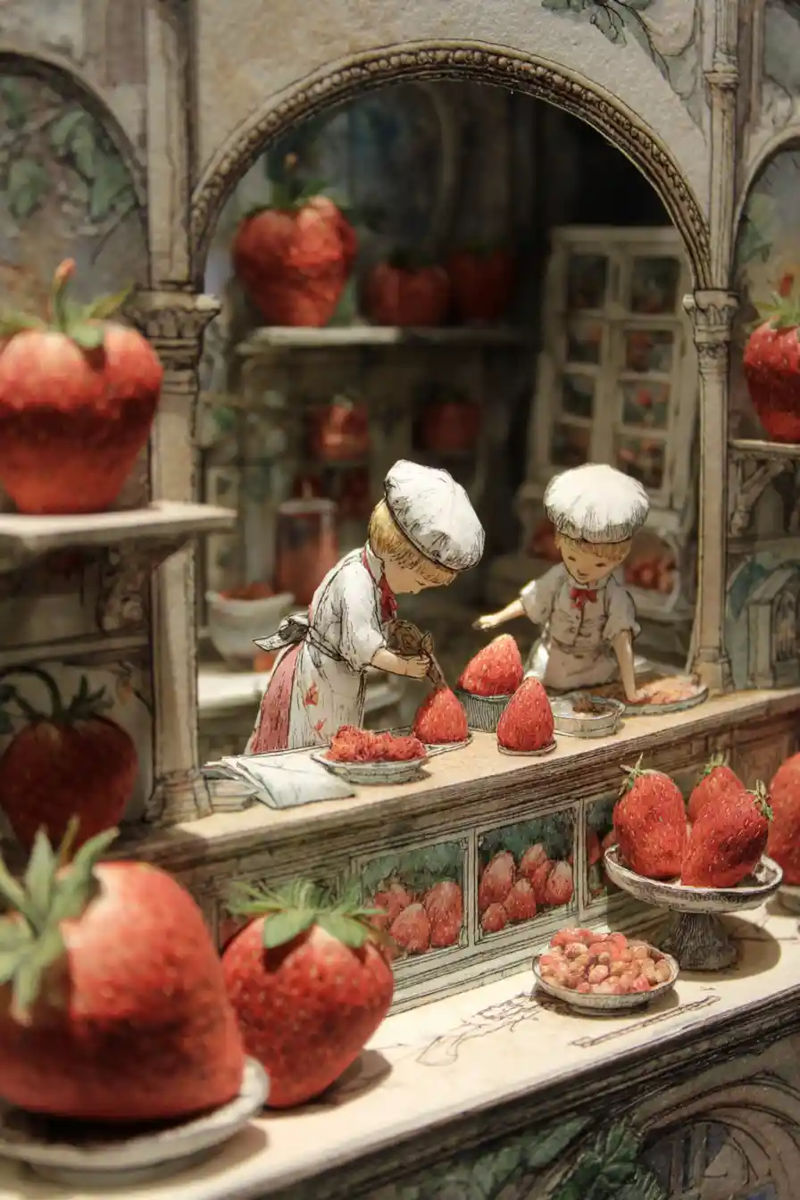 Tiny strawberry fairy cafe with whimsical muffin bakery