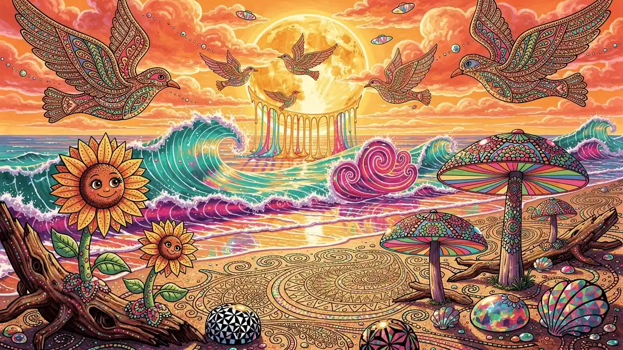 Psychedelic folk art beach with smiling sunflowers