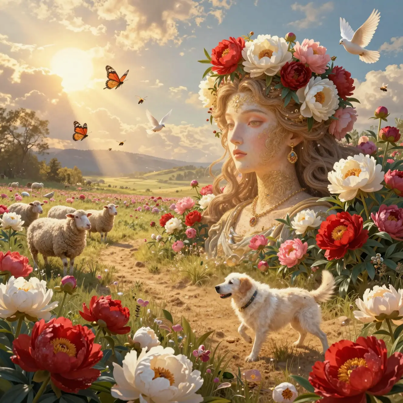 Impressionist portrait in a glowing peony flower meadow