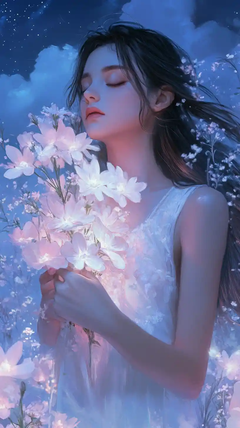 Young woman in white dress among glowing flowers