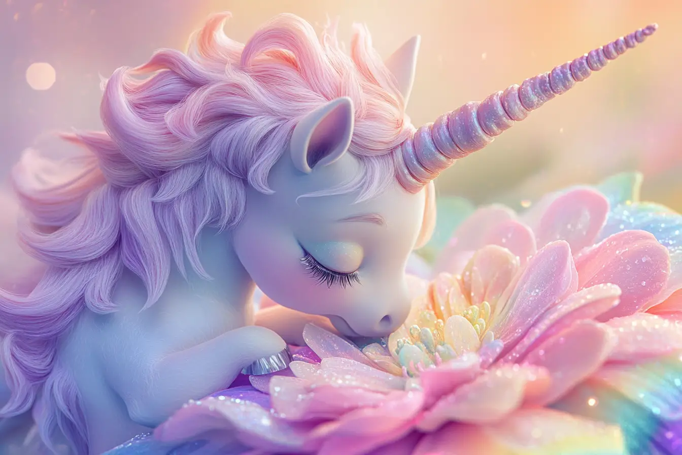 Baby Unicorn Nuzzling A Rainbow Flower At Dawn
