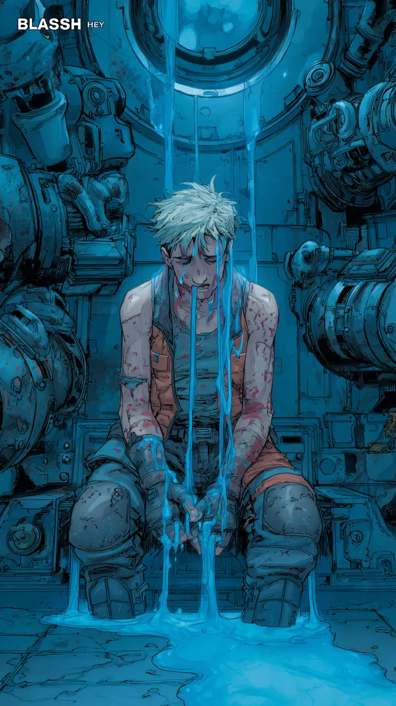 Comic illustration of a man in a mechanical interior