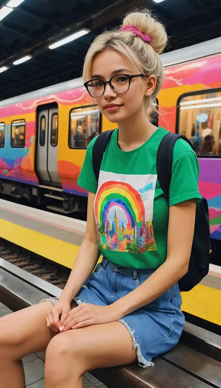 Due giovani donne che riposano insieme in una stazione ferroviaria al neon