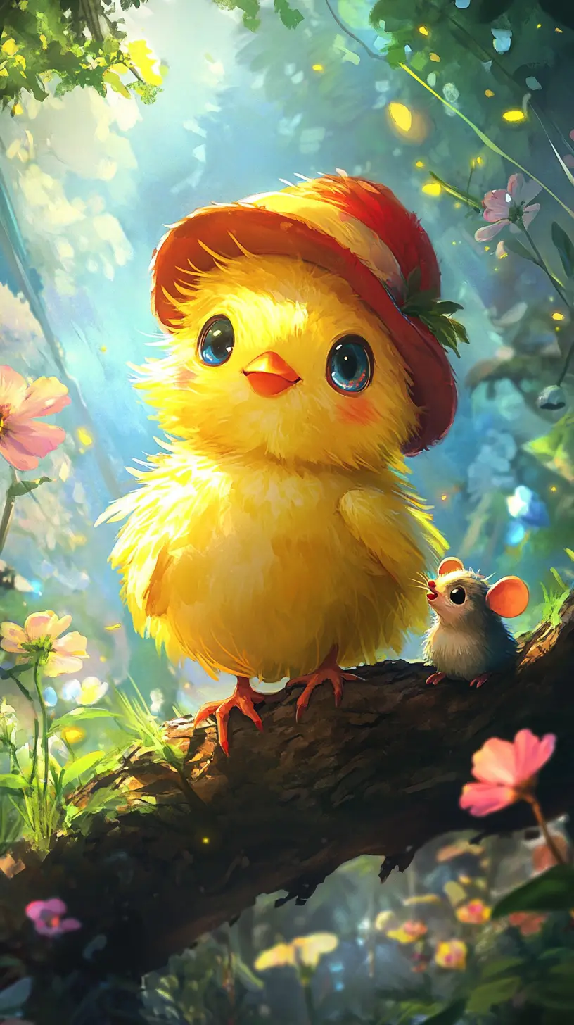 Cute yellow chick on a sunny street illustration