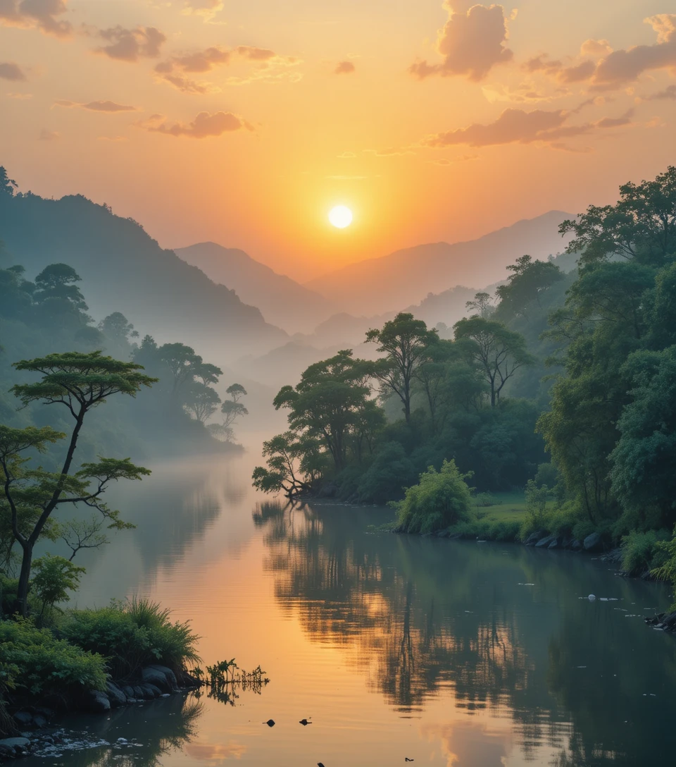 Friedlicher Sonnenuntergang über einem Fluss mit leuchtenden Reflexionen