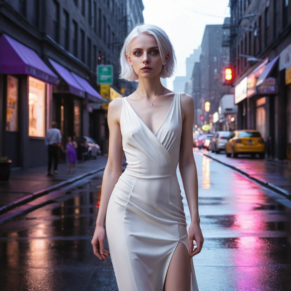 Silver haired urban woman in neon lit city street