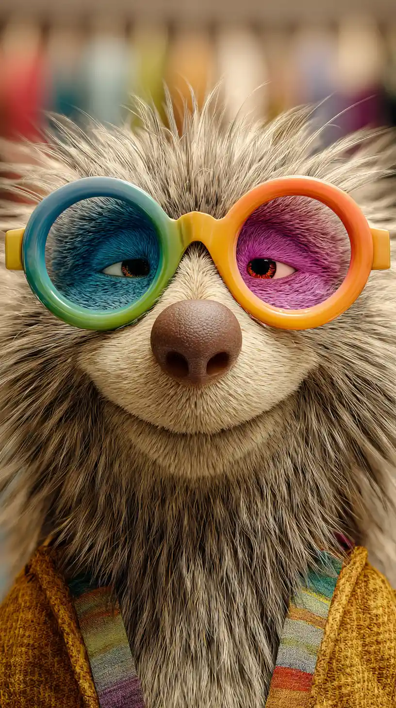 Goofy porcupine with thick glasses in fashion boutique