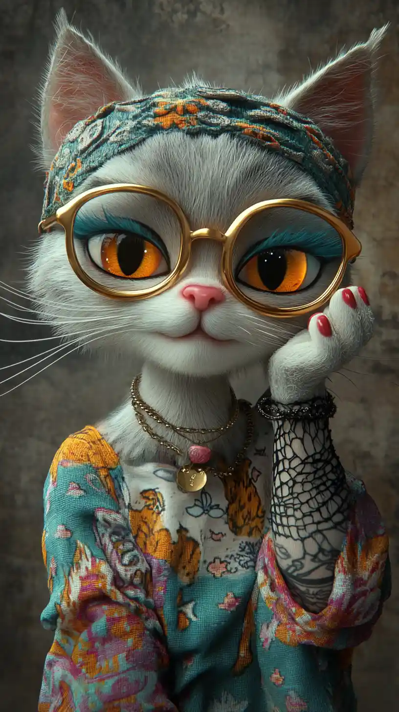 Stylish anthropomorphic cat portrait with colorful makeup