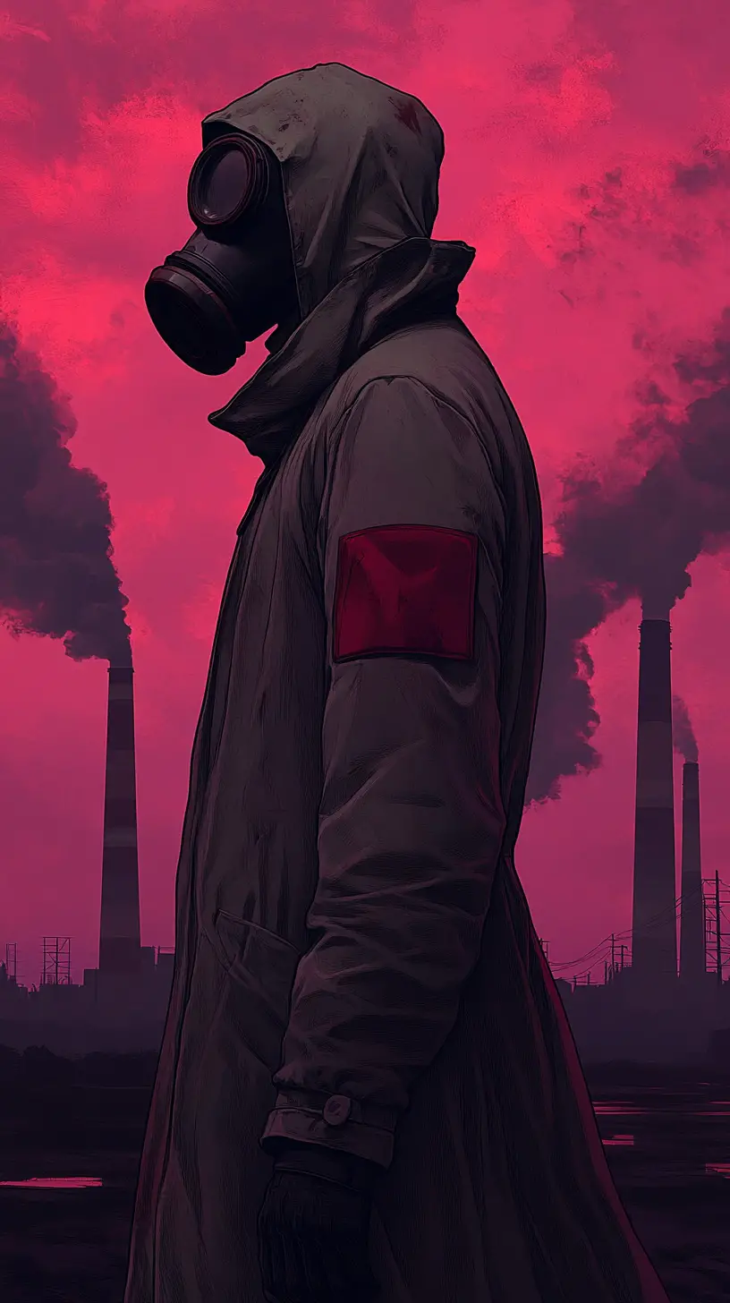 Lone figure in gas mask under a purple apocalyptic sky