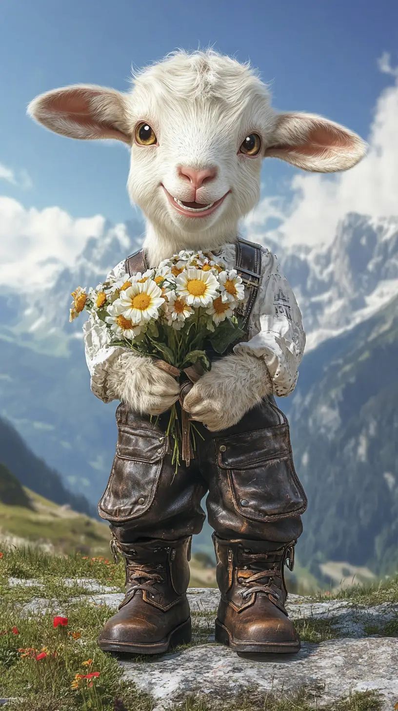 Happy young goat in clothes holding flowers in mountains