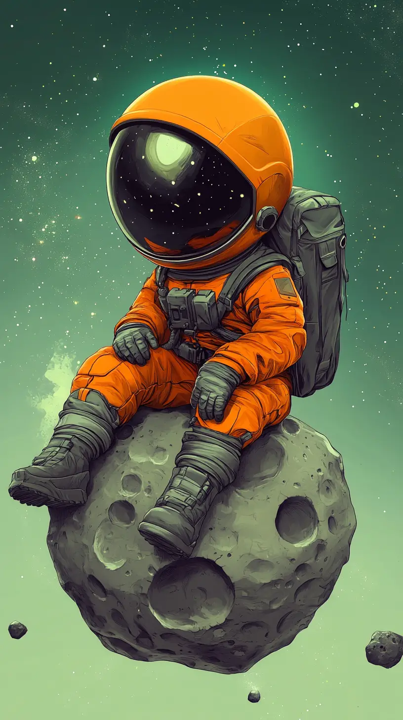 Cute orange astronaut sitting on a tiny moon rock