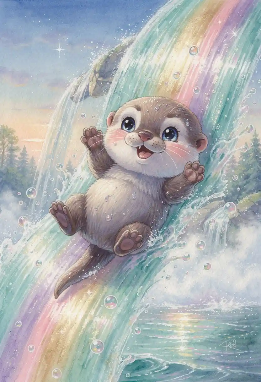 Bébé loutre glissant le long d’une cascade arc-en-ciel pastel