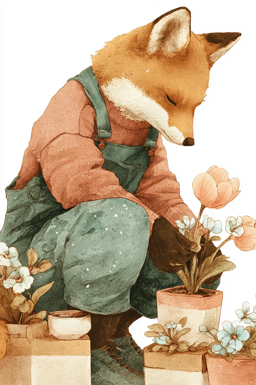 Raposa jardineiro plantando flores de primavera em suaves aquarelas