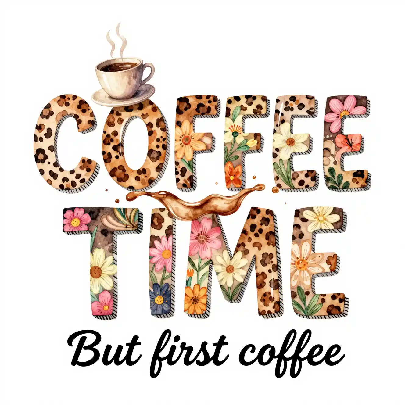 Lettering ad acquerello Coffee Time con illustrazione di tazza fumante