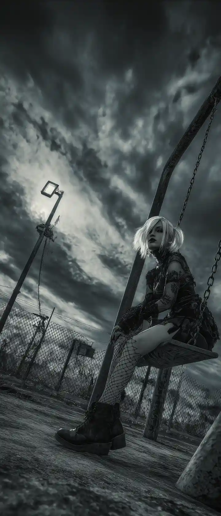 Gothic-Frau auf einer alten Schaukel auf einem städtischen Spielplatz