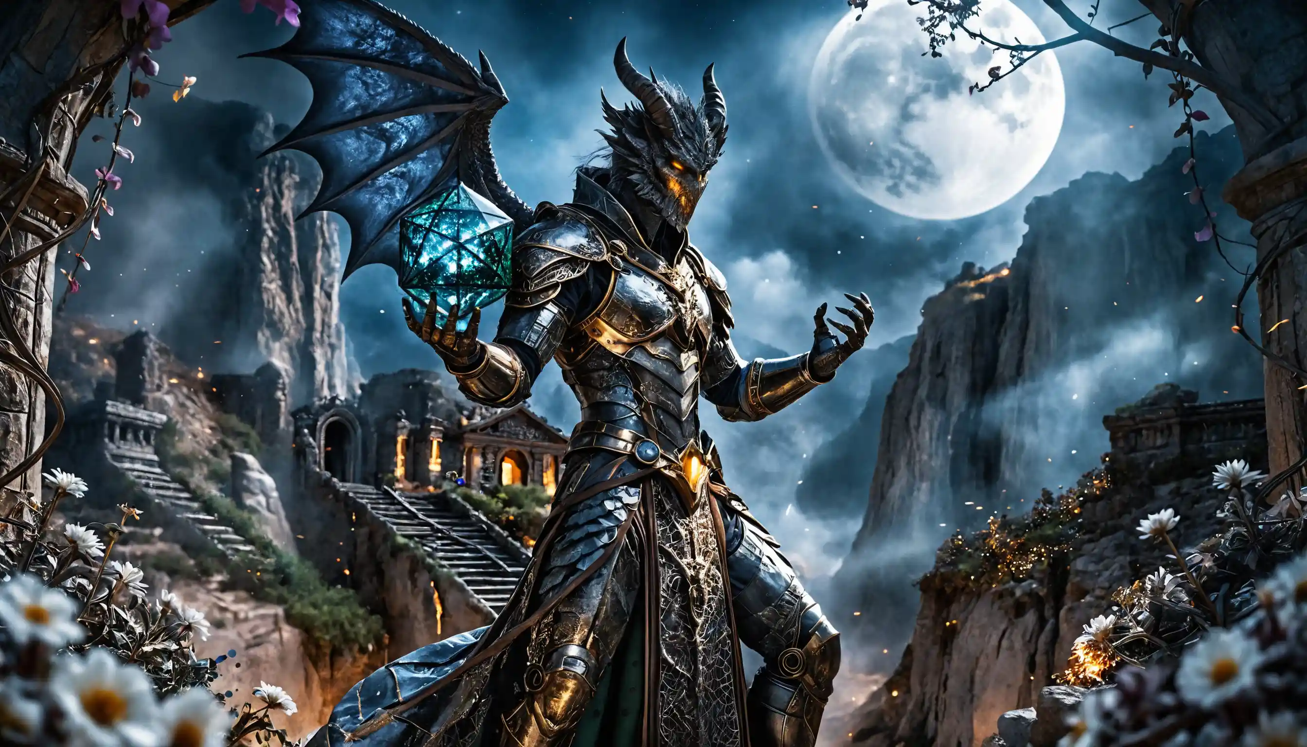 Warforged druid android absorbing moonlight on ancient ziggurat