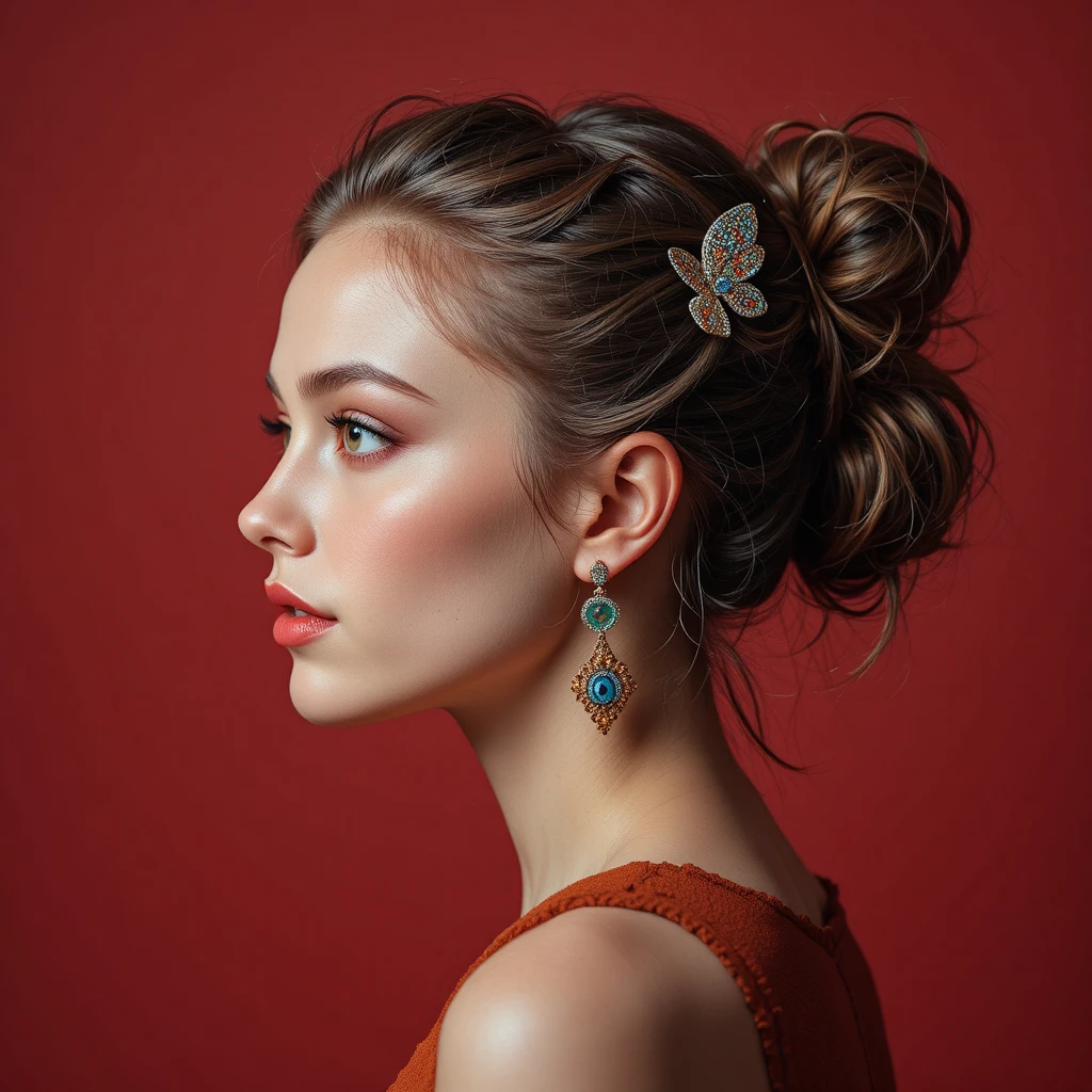 Profile portrait of a young woman against vivid red background