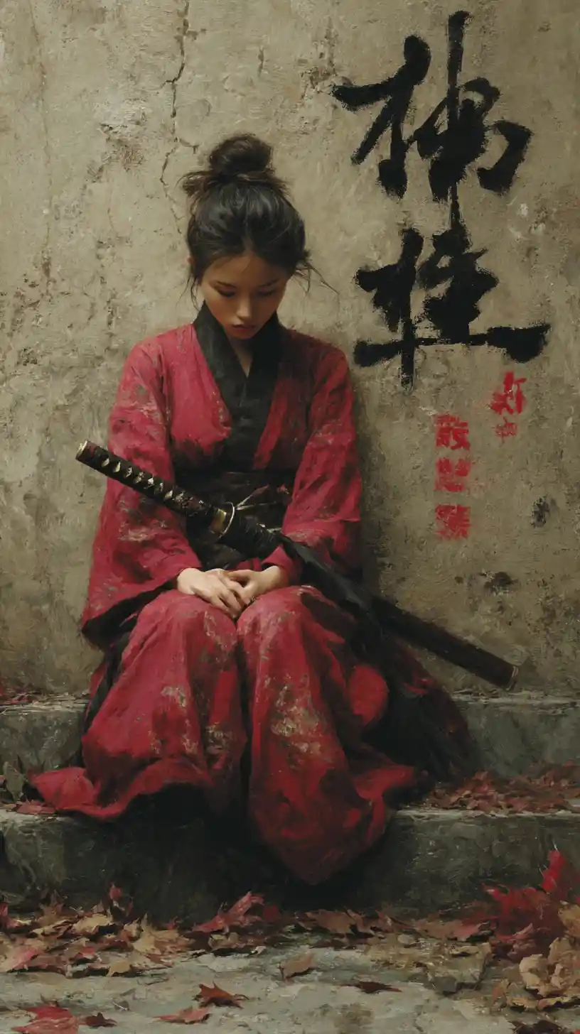 Young woman in pink kimono resting with katana on stone steps