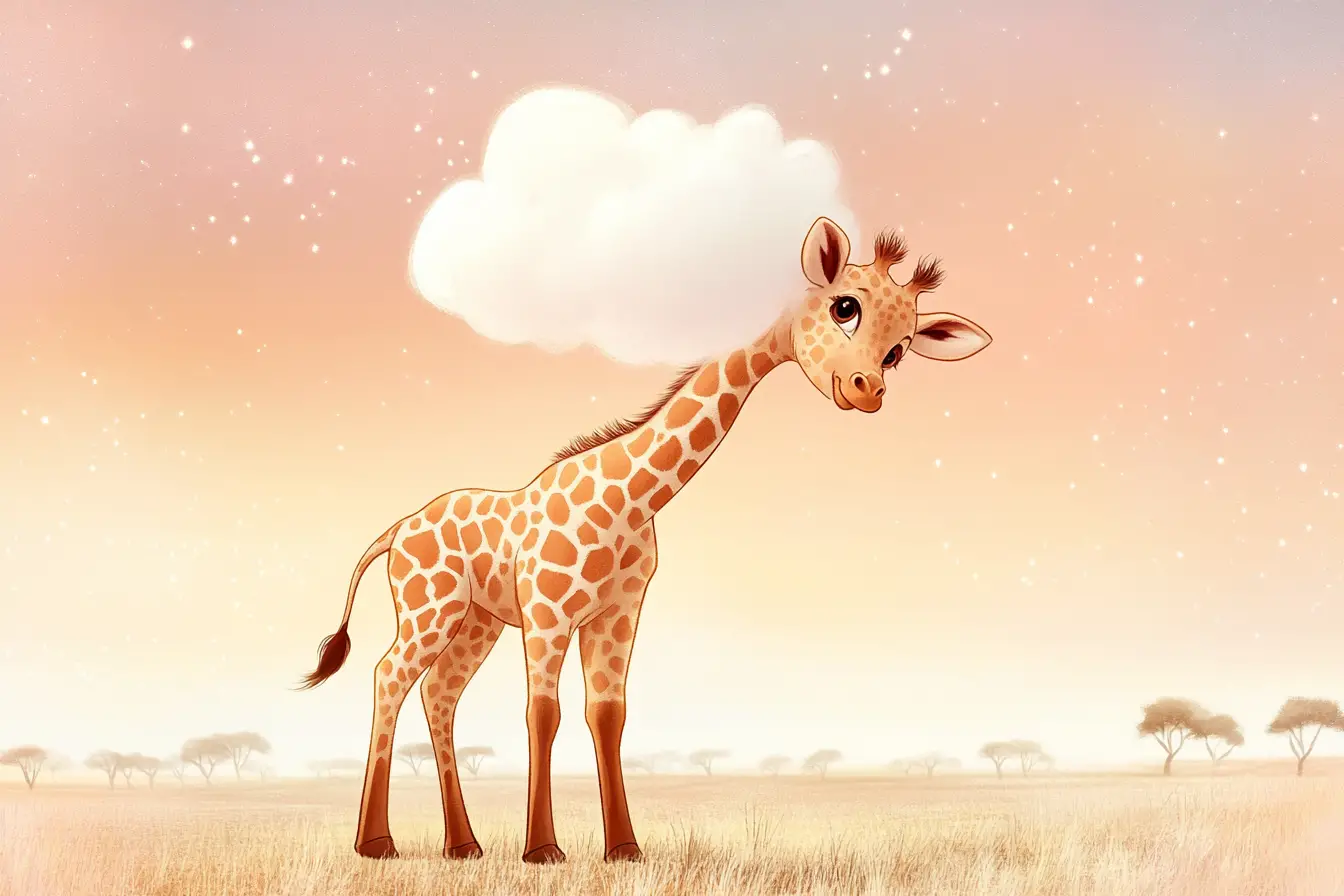 Baby giraffe kissing a fluffy cloud at pastel dawn