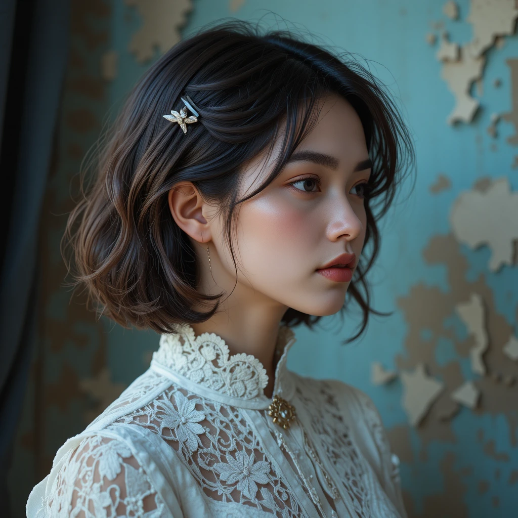 Young woman in lace blouse in soft profile portrait