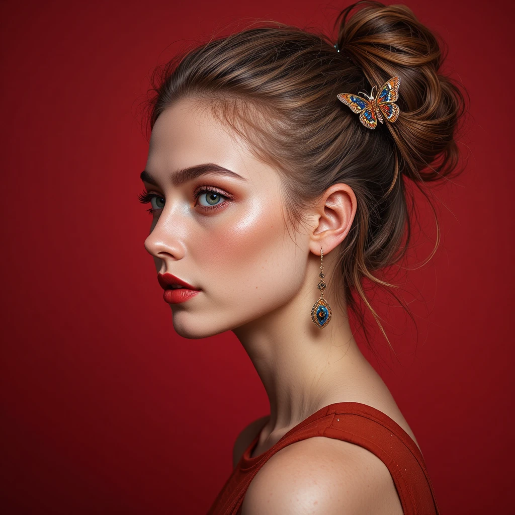 Retrato de perfil de uma jovem contra fundo vermelho