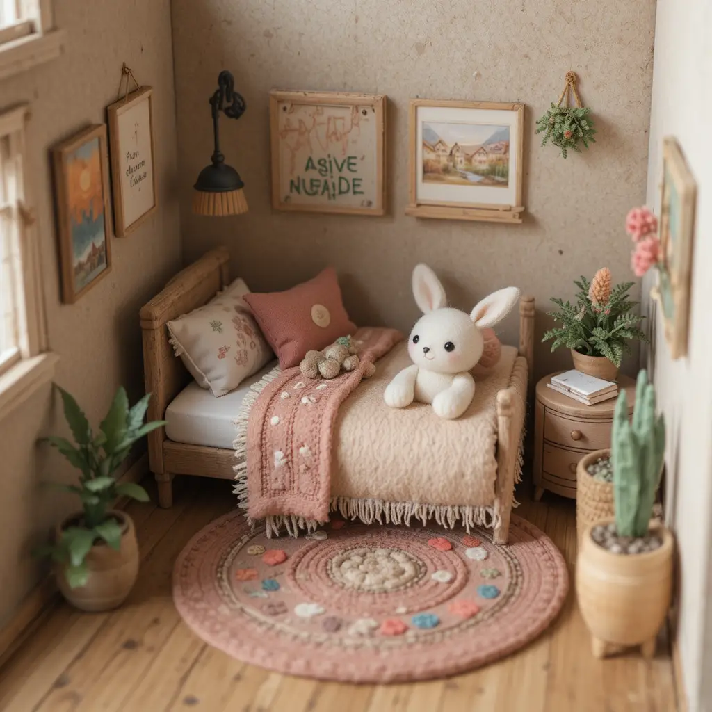 Miniature felt bedroom with tiny bed and pet