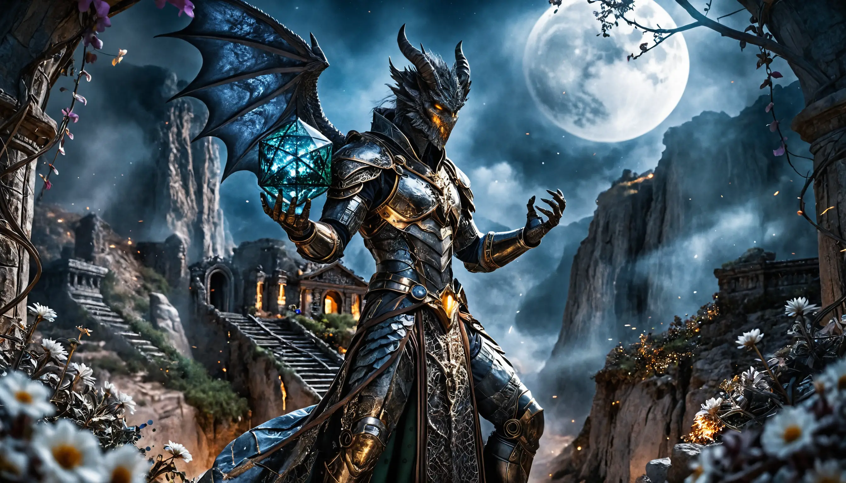 Warforged druid android absorbing moonlight on ancient ziggurat