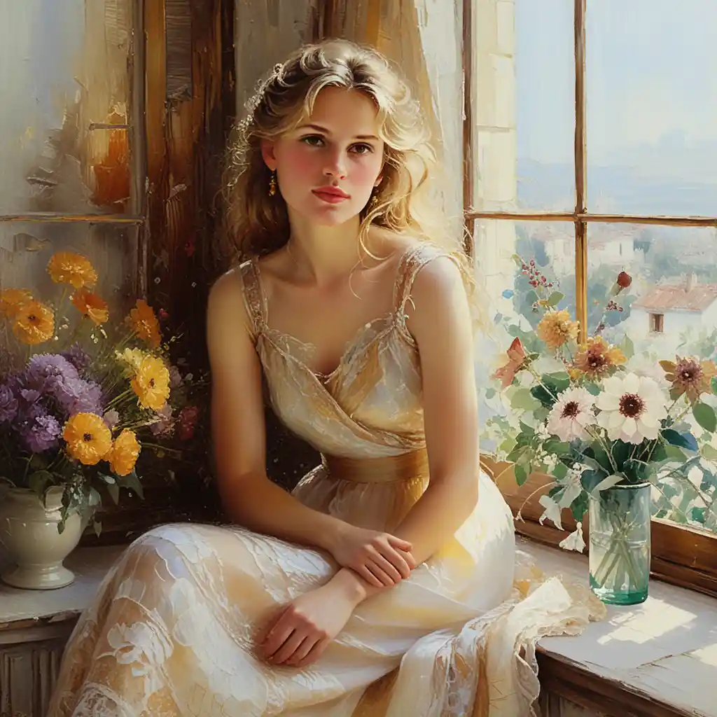 Young woman by window holding colorful summer flowers