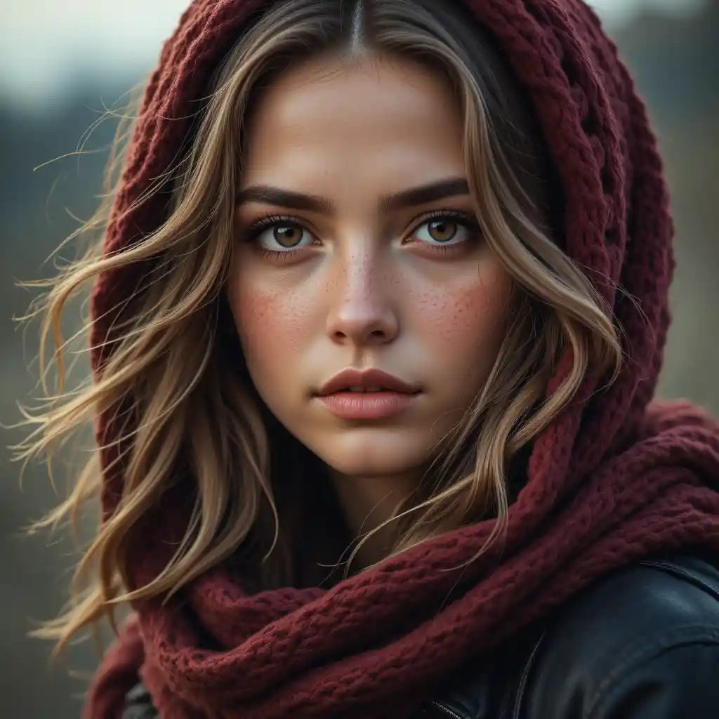 Young woman in dark jacket and red knitted scarf