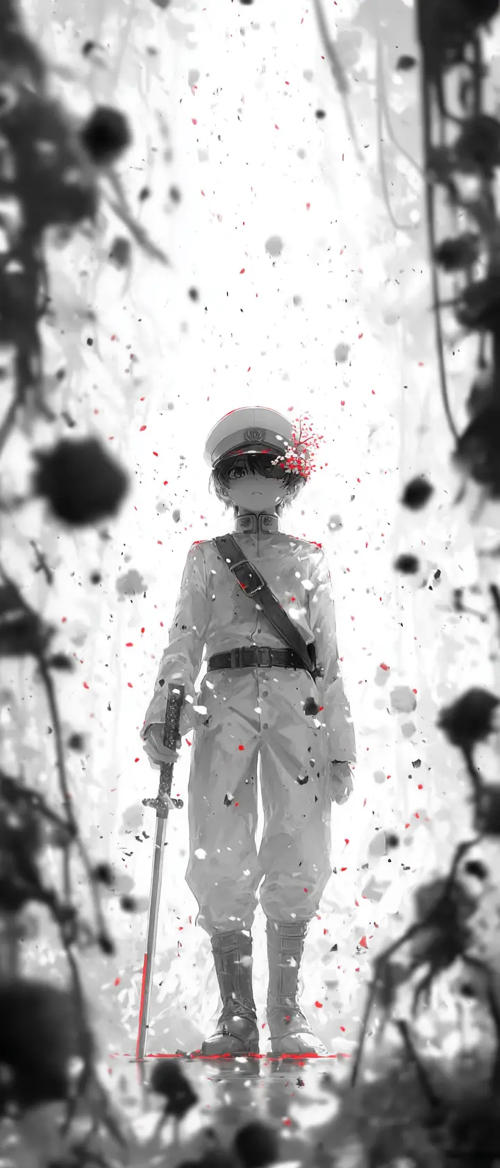 Anime child soldier standing in ash with bloodied bayonet