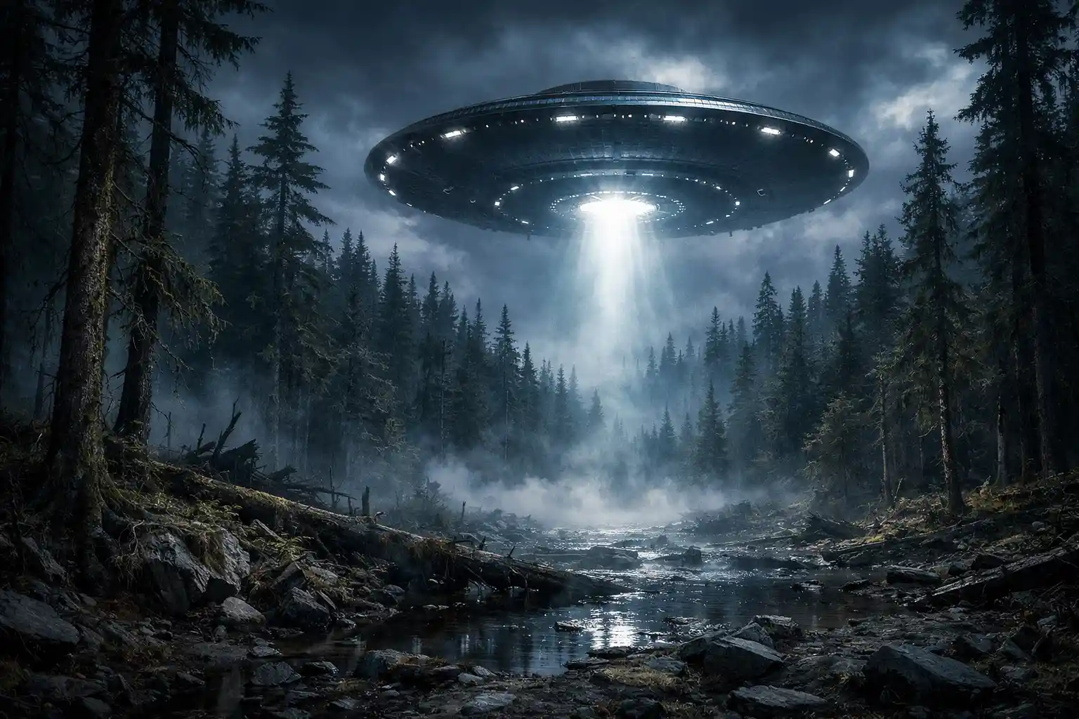 Ovni sobrevolando un bosque remoto en estilo de horror oscuro