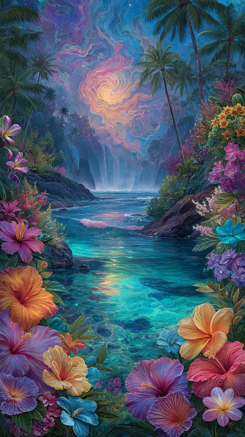 Joyful hippie mermaid woman in a vibrant tropical forest