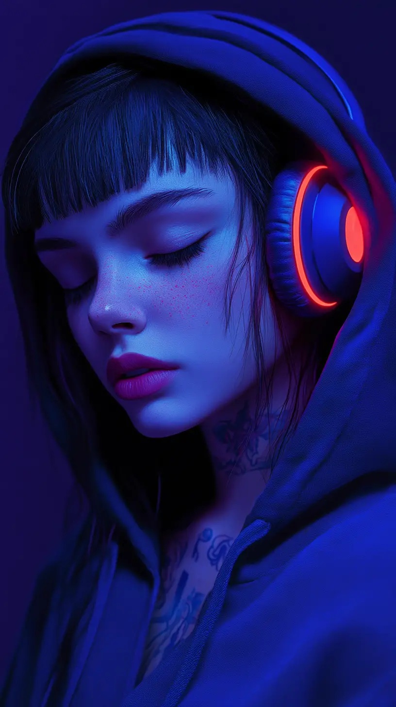 Thoughtful girl with neon headphones in purple tones